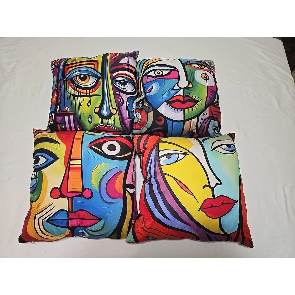 Set‎ Of 4 Pillows 16x16 Throws Faces abstract art pillow in a Picass Style Fun